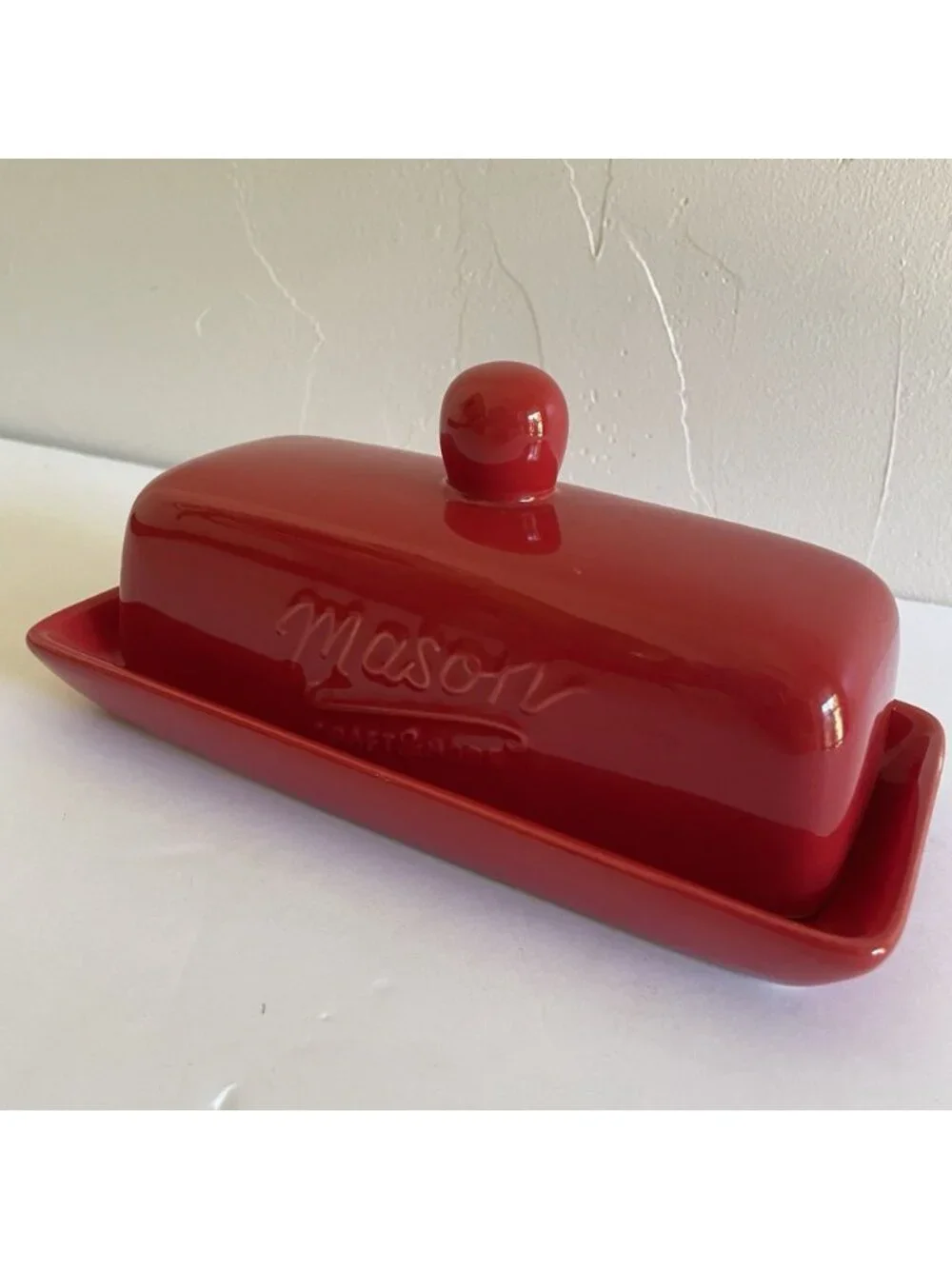 Mason Craft & More Red Ceramic Butter Dish with Lid Bright Red Excellent 7.25